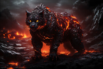  a black wolf in the middle of lava - obrazy, fototapety, plakaty