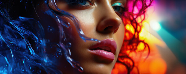 Obraz premium Beauty Portrait: Vivid Blue and Purple Luminous Makeup on a Young Woman