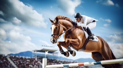 A rider confidently clears a challenging jump in the show jumping course. - obrazy, fototapety, plakaty