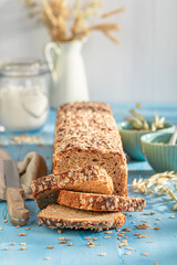 Healthy bran bread with grain, ears and bran..