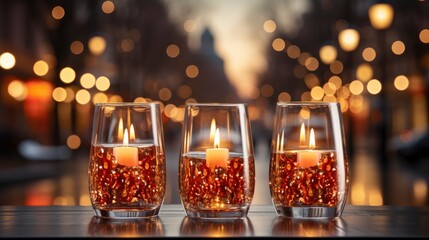 A Trio Of Decorative Holiday Candles In Glass , Background For Banner, HD