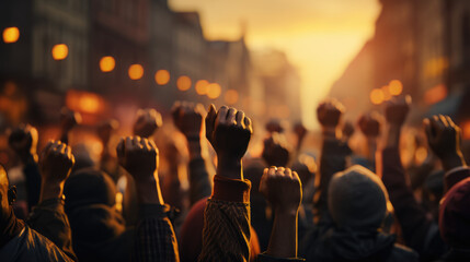 Many people stood with their hands raised and clenched fists in the air in the city - obrazy, fototapety, plakaty