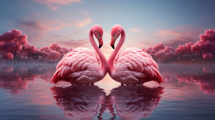 Two pink flamingos forming heart shape with their necks