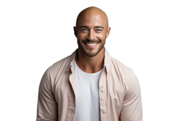 Portrait face bald positive entrepreneur man in a white shirt, confident man businessman smiling looking at the camera. Transparent background.