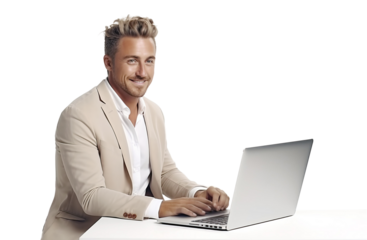 A male manager writes text on a laptop while working in an office. Workplace the entrepreneur works keeps records online. Transparent background.