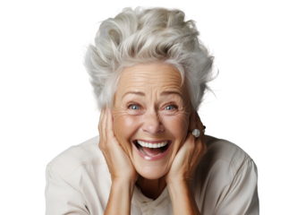 An elderly woman smiles and saw a surprise. Shows the emotions of happiness, the mouth is open and shows teeth.