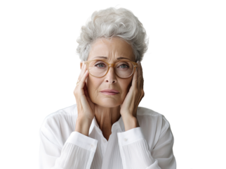 Headaches, stress, portrait of a woman with a dissatisfied face in glasses.  The old elderly woman is sad.