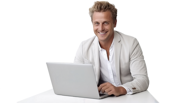 The employee online working with the office computer is positive smiling in a white shirt. A man with business glasses uses a laptop in the manager's office, smiles and looks into the camera of a busi - Powered by Adobe