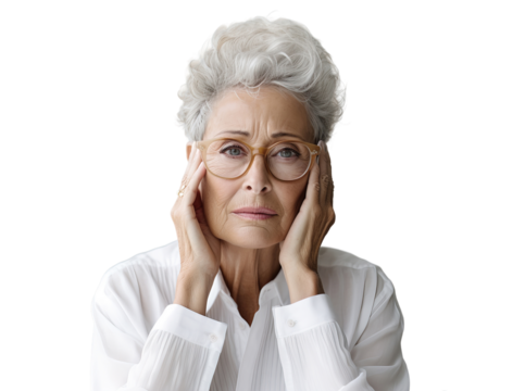 Headaches, stress, portrait of a woman with a dissatisfied face in glasses. The old elderly woman is sad.