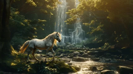 Fotobehang a scene where the amazing forest horse encounters a sentient waterfall, engaged in an eternal dance of fluidity and grace. © Muzamil