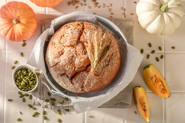 Delicious pumpkin bread with sesame seeds and grains.