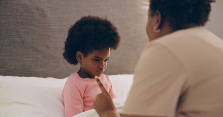 Mother, discipline and girl child in bedroom with strict parent talking or grounding to stop bad...