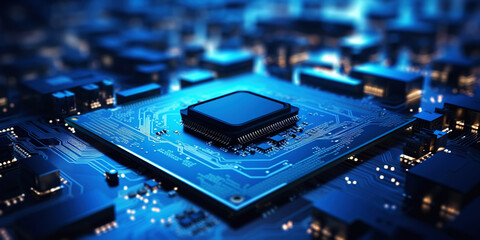 Heart of the Machine: Microprocessor in Cool Glow. Blue motherboard. Generative AI