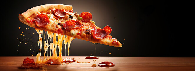 Slice of delicious pizza on black background. Copy space