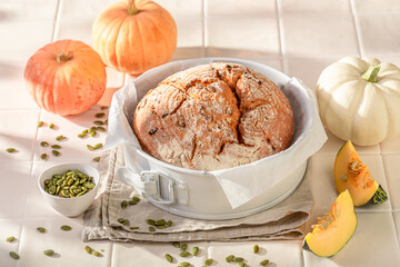 Tasty pumpkin bread baked with sesame seeds.