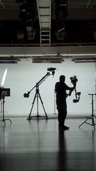 Professional filming pavilion with a white cyclorama. Shooting of a girl in a red dress who sings into a retro microphone. Director, Cameraman and crew in Backstage.
