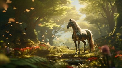 a scene where the amazing forest horse is surrounded by playful, woodland creatures in a shimmering meadow. - obrazy, fototapety, plakaty