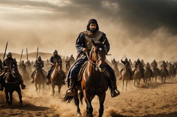 A Muslim commander on horseback, brandishing a raised sword, leads a cavalry charge with a trailing army of horsemen - obrazy, fototapety, plakaty