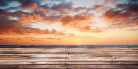 Fototapeta na wymiar Wood table mockup with sunrise majestic sky background. Empty copy space for product presentation. Generative AI