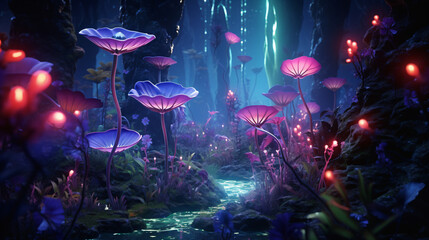 Surreal night jungle with luminescent plants