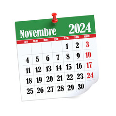 November Calendar 2024 in Italian Language. Isolated on White Background. 3D Illustration