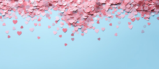Valentine's Day. Heart made of pink confetti on blue background. Top view, flat lay composition. Copy space for text. - obrazy, fototapety, plakaty