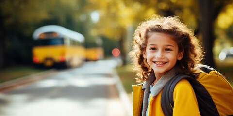 Happy Elementary Student Girl Preparing to Board School Bus. Generative ai - obrazy, fototapety, plakaty