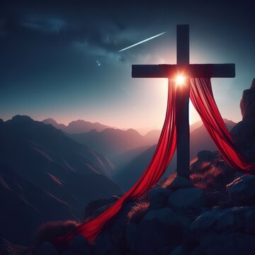 The cross and red silk ribbon on top of the mountain commemorate God by Ai generated
