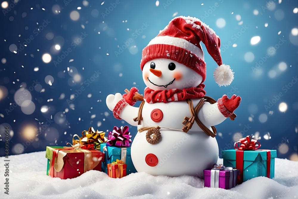 Wall mural Snowman with gifts in snow background, Christmas atmosphere,