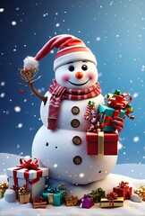 Snowman with gifts in snow background, Christmas atmosphere,