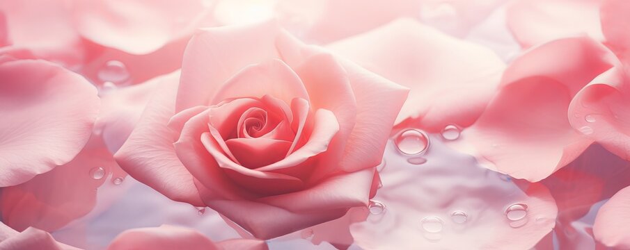 A soft pink rose and petals as a romantic floral background. For beauty product advertising, cosmetic, or romantic greeting card. Copy space. AI generated image. 