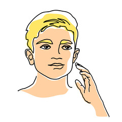  line drawing with color shapes boy face. male linear portrait. Outline kid avatar