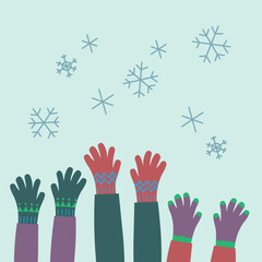 Hands in different knitted gloves catch snowflakes, hand drawn flat vector illustration. Concept for childhood, knitting, congratulations on winter holidays, New Year, Christmas. Design card 