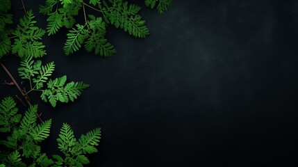 dark background with green branches and leaves with space for text.