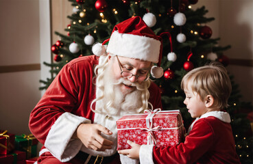 Obraz na płótnie Canvas Santa Claus giving gift box to boy at home. Generative AI