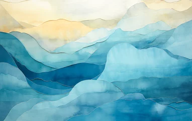 Foto auf Acrylglas Abstract sunny sky, clouds and ocean wave. Happy blue, yellow pastel colors summer sky for vacation travel background, watercolor graphic resource. Copy space, backdrop for text © Vita