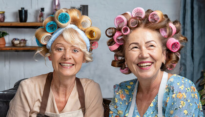 Two funny ladies at the hairdresser let themselves make a permanent wave - obrazy, fototapety, plakaty