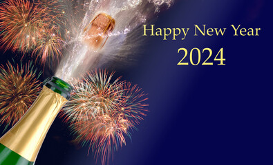 colorful fireworks and popping champagne at new year`s eve 2024