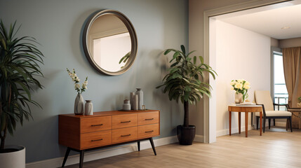 The hallway has chic furniture and a round mirror - obrazy, fototapety, plakaty