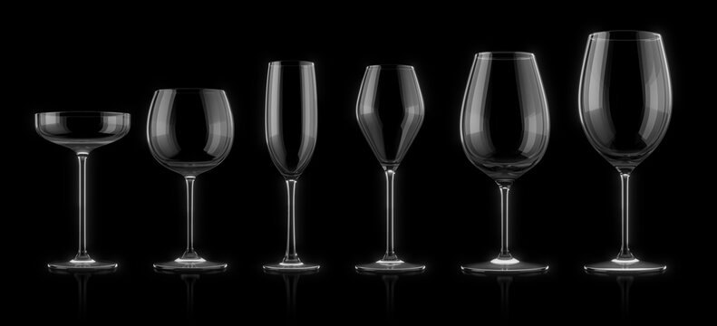 Set of Transparency empty wine glasses on black background - 3d render