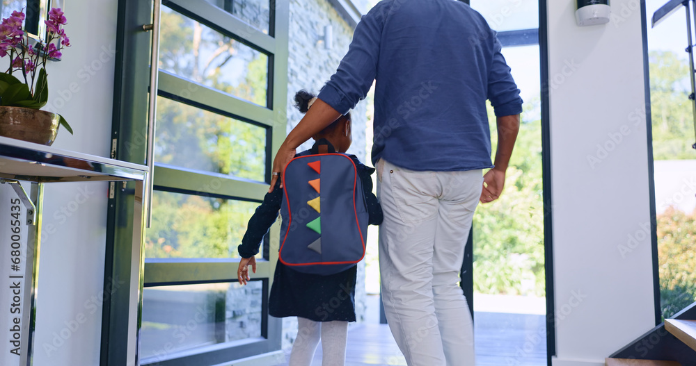 Sticker Father, child and back to school at door, walking in home and leave to start learning. Dad, kid and girl with backpack for first day, education or care, support of student with bag and hands together