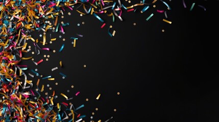 confetti on a black background with space for text.