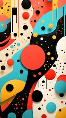 Abstract colorful background with spots and splashes. Abstract geometric background with circles, lines, dots and spots. Vector illustration. Neo Memphis style decoration art. .