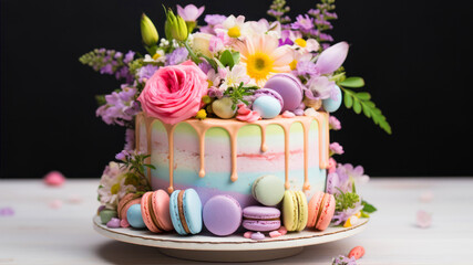 Colorful macaroon cake decorated with flowers and macaroons