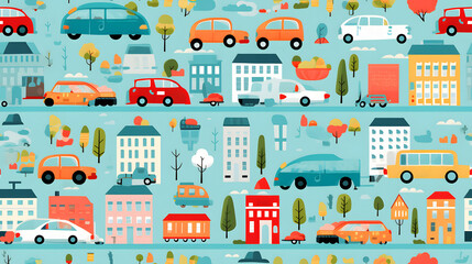 Seamless pattern of cute cars and trucks in city
