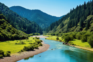 Fototapeta na wymiar River flowing through a mountainous area. Generative Ai