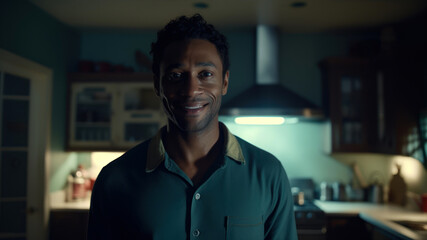 Young african american man at home in the kitchen at night