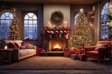 Fototapeta na wymiar living room decorated with christmas lights, rustic naturalism, bright and vivid colors, fanciful elements, whistling, fireplace, presents, christmas tree, christmas presents