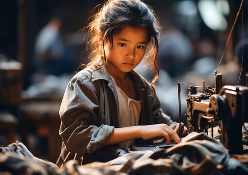 Little girl sewing clothes under bad working conditions in factory,child labor discriminnation.Macro.AI Generative.