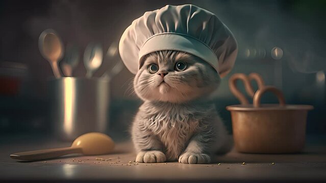 Kitten with chef hat ready to cook. Created with Generative AI.	
